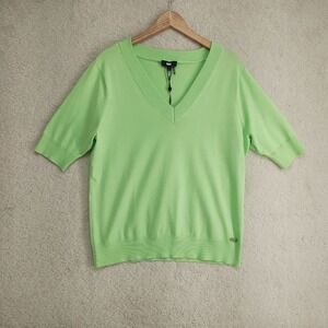 DKNY Sweater Womens XL Lime Green V Neck Short Sleeve Pullover Top Metal Logo